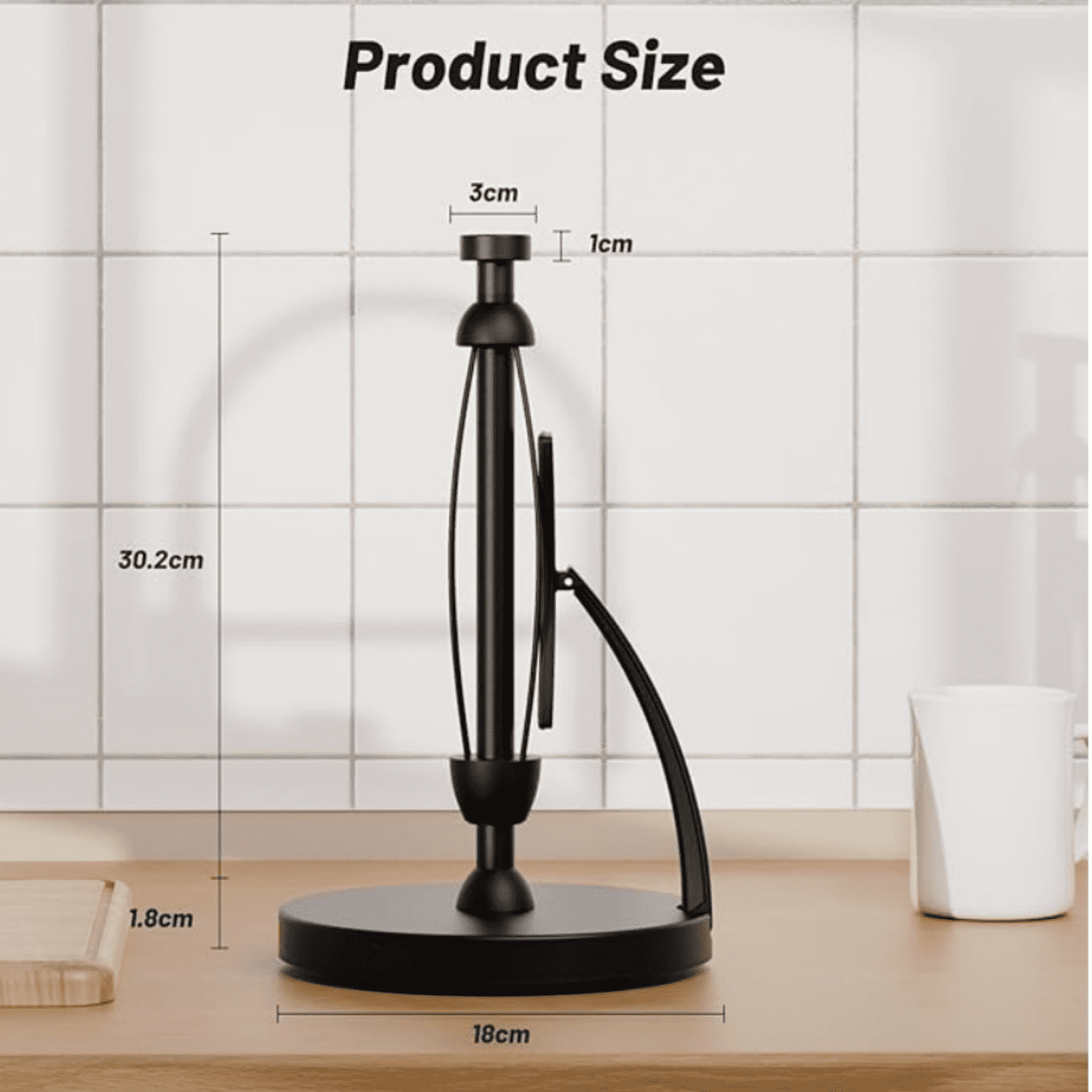 Paper Towel Holder Countertop, Black Paper Towel Holder with Spring Activated Arm and Damping Effect, Simply Tear Paper Towel Stand for Bathroom and Kitchen (Black)