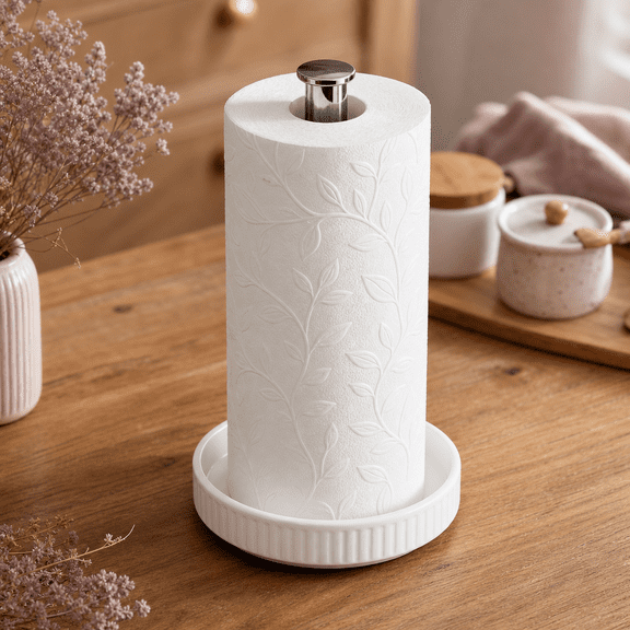 Paper Towel Holder Countertop Ceramic Base Fits Double To Family Rolls D | Easy-to-clean 1.5 Lbs Weight 7" B X 12.5" H Stable And Durable Kitchen Freestanding Roll Home Good Gift