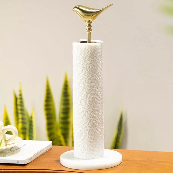 Paper Towel Holder Countertop with Heavy Marble Base, Standing Paper Towel Roll Holder for Kitchen Bathroom, with Weighted Base for One-Handed Operation (White Base)