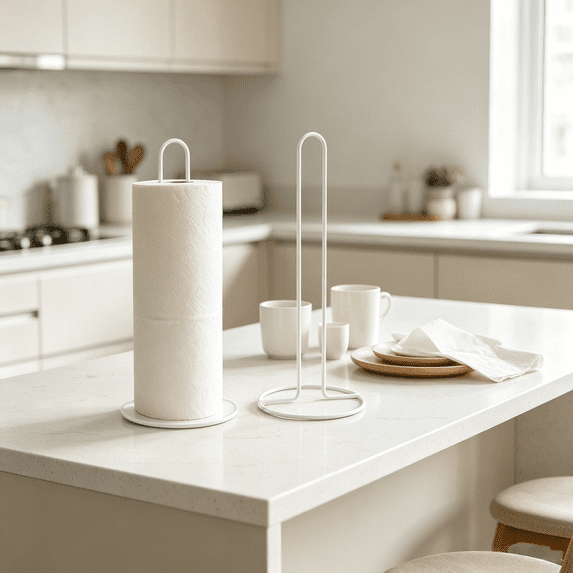 Paper Towel Holder Countertop, Kitchen Paper Towel Stand Holder for Kitchen Organization and Storage, Paper Towel Holders for Standard and Large Size Rolls (White)