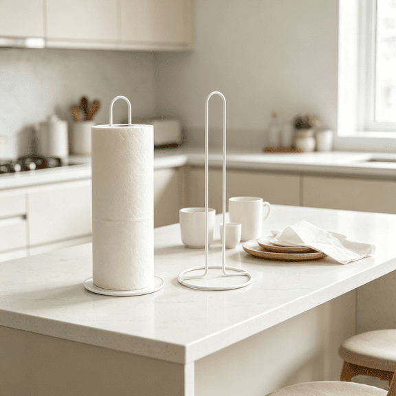 Paper Towel Holder Countertop, Kitchen Paper Towel Stand Holder for Kitchen Organization and Storage, Paper Towel Holders for Standard and Large Size Rolls (White)