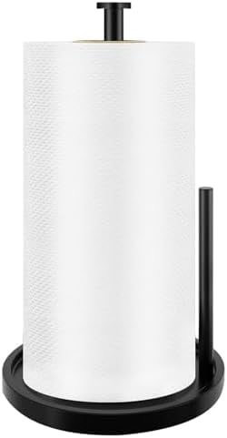 Paper Towel Holder Countertop, Standing Paper Roll Holder with Anti Slip Weighted Base, Stainless Steel Freestanding Paper Towel Holder for Kitchen, Black