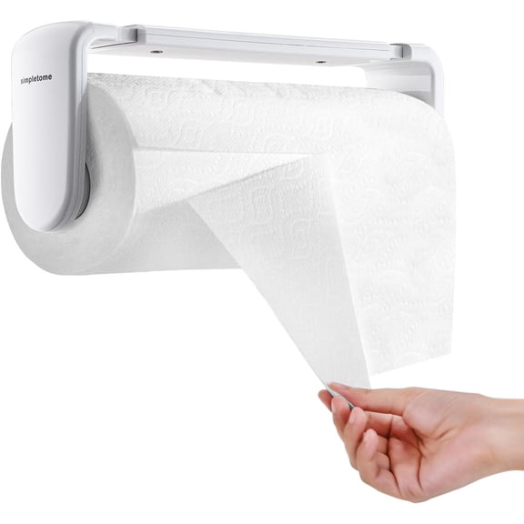 Paper Towel Holder ONE Hand Tear Adaptive Tension Arm Adjustable Length 9.4-11inch/24-28cm (White)
