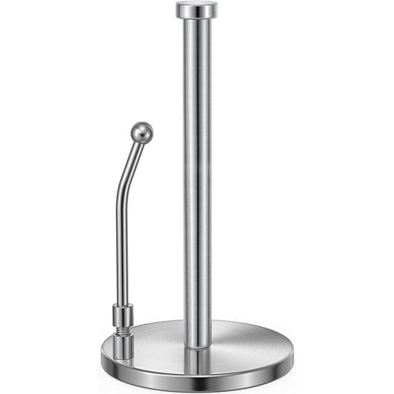 Paper Towel Holder, Paper Towel Dispenser Standing Weighted Base Non Slip, Spring Arm for Easy Tear, Stainless Steel Paper Towel Holder for Home Kitchen Countertop Tabletop, Silver