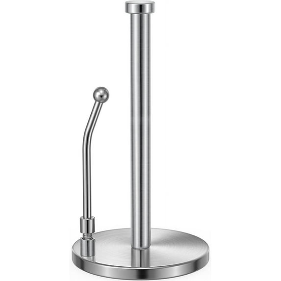 Paper Towel Holder, Paper Towel Dispenser Standing Weighted Base Non Slip, Spring Arm for Easy Tear, Stainless Steel Paper Towel Holder for Home Kitchen Countertop Tabletop, Silver
