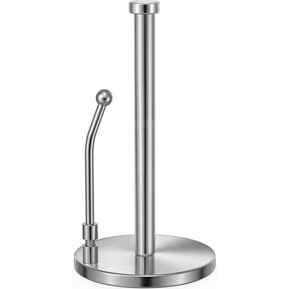Paper Towel Holder, Paper Towel Dispenser Standing Weighted Base Non Slip, Spring Arm for Easy Tear, Stainless Steel Paper Towel Holder for Home Kitchen Countertop Tabletop, Silver