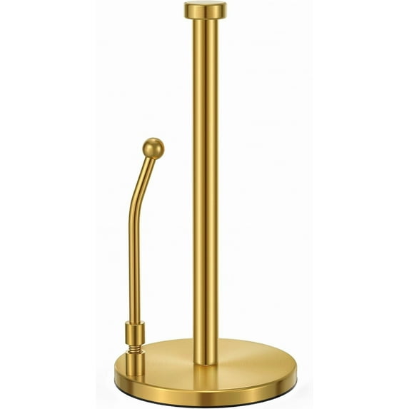 Paper Towel Holder, Paper Towel Dispenser Standing Weighted Base Non Slip, Spring Arm for Easy Tear, Stainless Steel Paper Towel Holder for Home Kitchen Countertop Tabletop, Silver