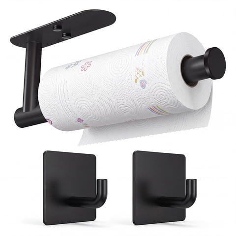 Paper Towel Holder, Self Adhesive & Drilling Under Cabinet Wall Mount with 2 Hooks, Matte Stainless Steel Rack, for Kitchen Bathroom Sink Pantry Fridge, Black