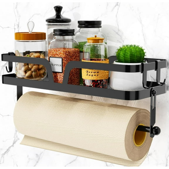 Paper Towel Holder with Shelf, Kitchen Paper Holder Spice Rack Black Paper Towel Roll Holder RV Paper Towel Rack with 4 Hooks(2 Installation Methods - Self-Adhesive and Drilling)