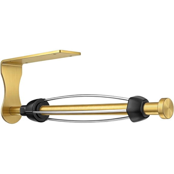 Paper Towel Holder, Single Hand Operable Paper Towel Holder Under Cabinet with Adjustable Damper Easy Tear Wall Mount Self-Adhesive or Drilled for Kitchen Bathroom, Gold