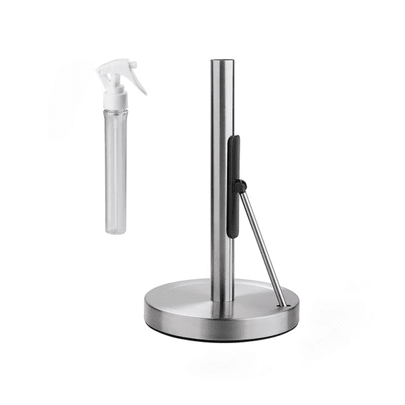 Paper Towel Holder And Spray Bottles, Spring Arm for Easy Tear, Durable Stainless Steel Freestanding with Weighted Base Non Slip for Home Kitchen Bathroom Livingroom, set of 1(Silver,7x7x11.8")