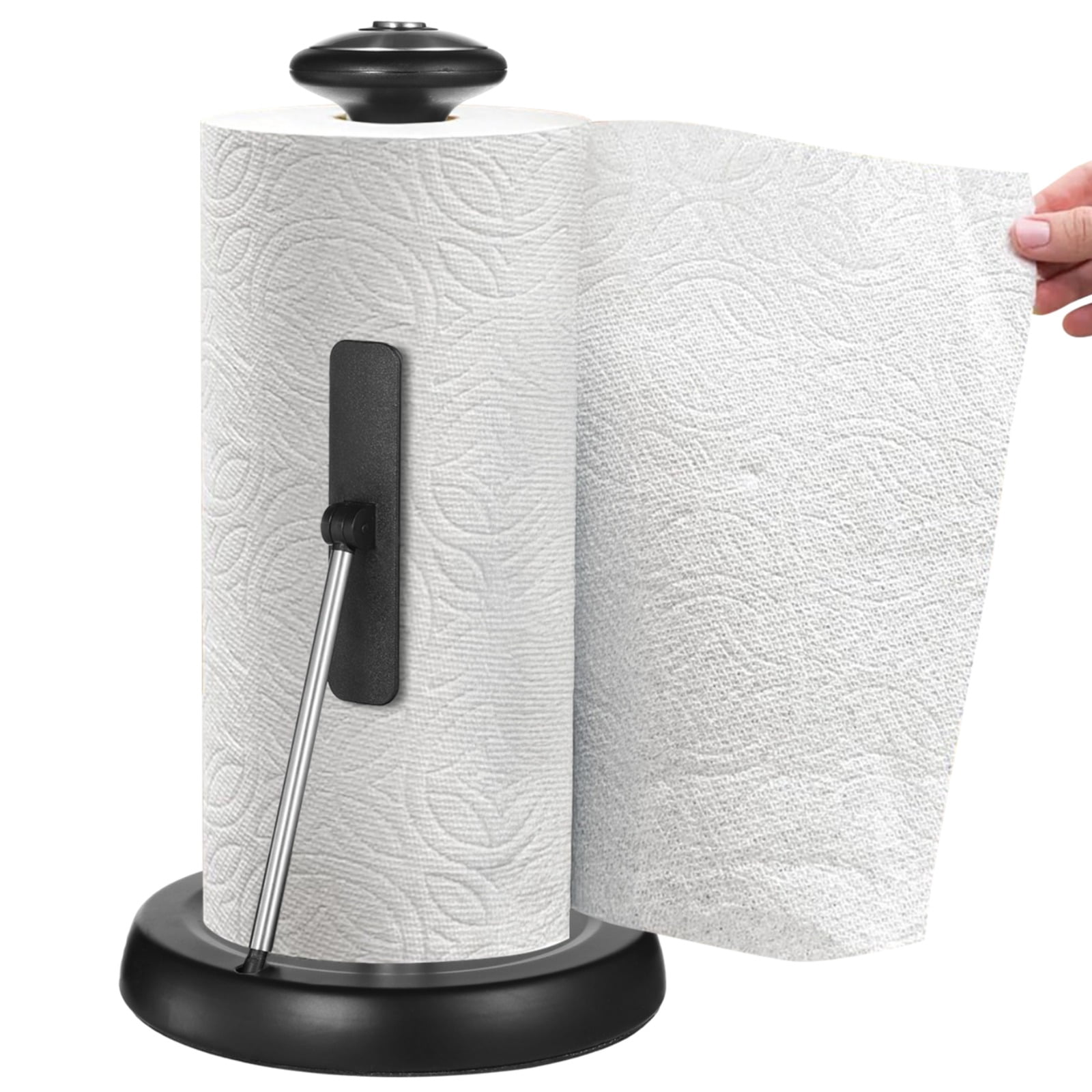 Paper Towel Holder, Standing Kitchen Towel Dispenser with Spring Arm, Stainless Steel Tissue Holder with Weighted Base, Non-slip Countertop Tissue Stand, Fits Various Paper Towel Rolls