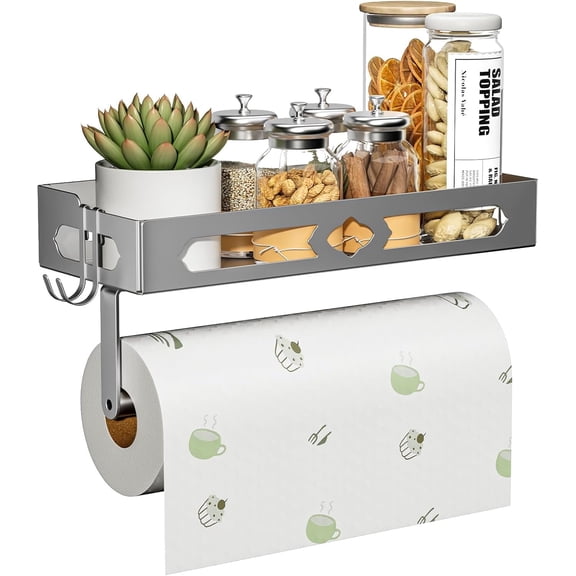 Paper Towel Holder Wall Mount for Kitchen, Self Adhesive Paper Towel Holder with Shelf for Bathroom, RV Paper Towel Rack Paper Roll Holder with 2 Hooks,Grey