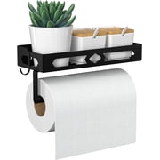 Paper Towel Holder Wall Mount for Kitchen, Self Adhesive Paper Towel Holder with Shelf for Bathroom, RV Paper Towel Rack Paper Roll Holder with 2 Hooks