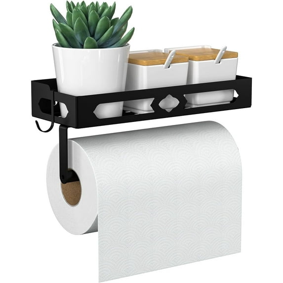 Paper Towel Holder Wall Mount for Kitchen, Self Adhesive Paper Towel Holder with Shelf for Bathroom, RV Paper Towel Rack Paper Roll Holder with 2 Hooks