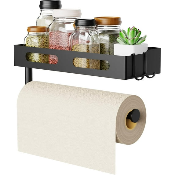 Paper Towel Holder Wall Mount for Kitchen, Paper Towel Holder with Shelf for Bathroom, RV Paper Towel Rack, Spice Rack with 2 Hooks,Matte Black