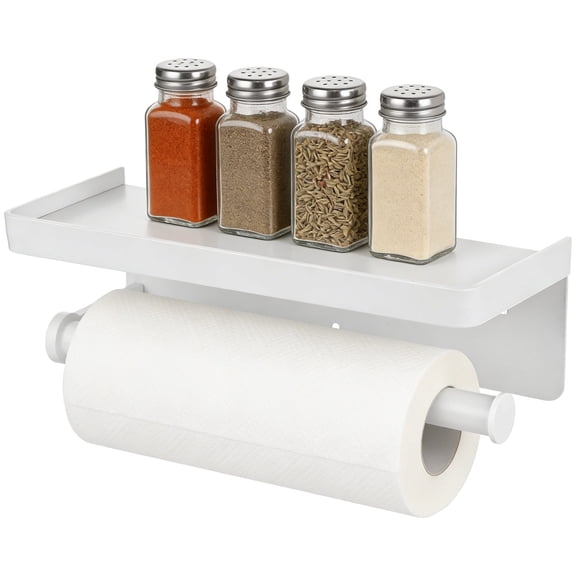Wall Mounted Paper Towel Holder, Tissue Roll Hanger with Storage Shelf, Adhesive Hand Towel Holder, Rustproof Metal Rack for Kitchen, Bathroom