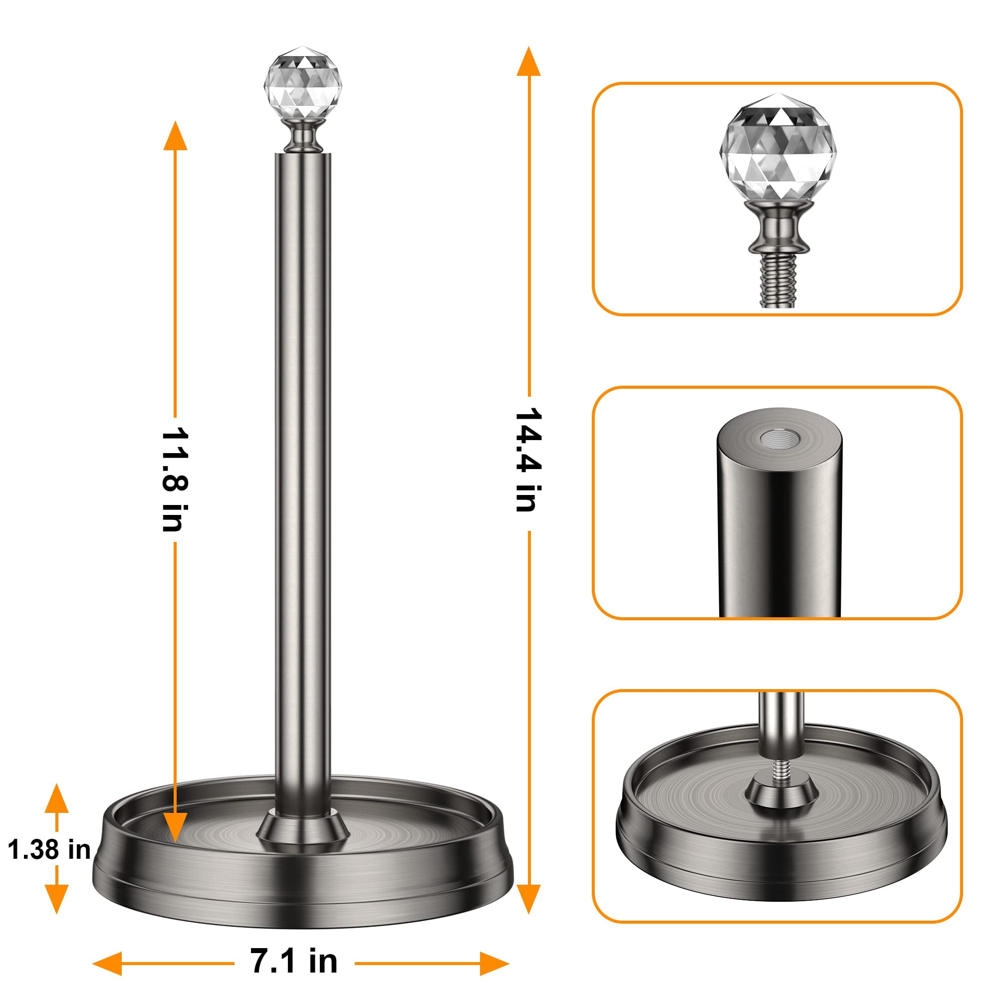 Paper Towel Holder With Crystal Ball - Steel Countertop Stand  Fits Standard & Rolls Brushed Nickel