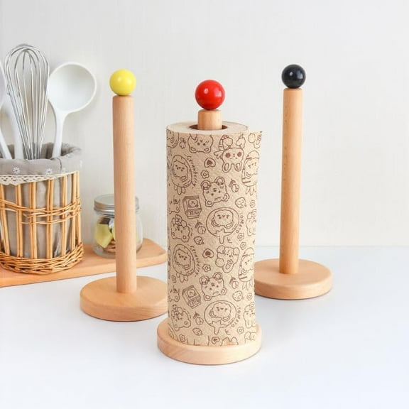WSNIJFU Red Ball Wooden Tissue Holder Solid Wood Tabletop Stand Adapts to Standard and Large Rolls Suitable for Kitchens and Dining Rooms