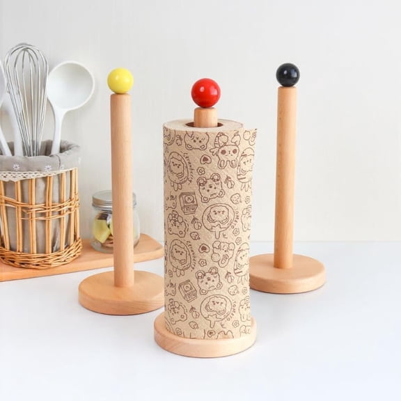 WSNIJFU Yellow Ball Wooden Tissue Holder Solid Wood Tabletop Stand Adapts to Standard and Large Rolls Suitable for Kitchens and Dining Rooms