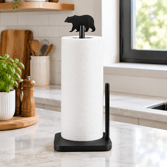 Paper Towel Holder Wooden Standing Countertop Black Bear