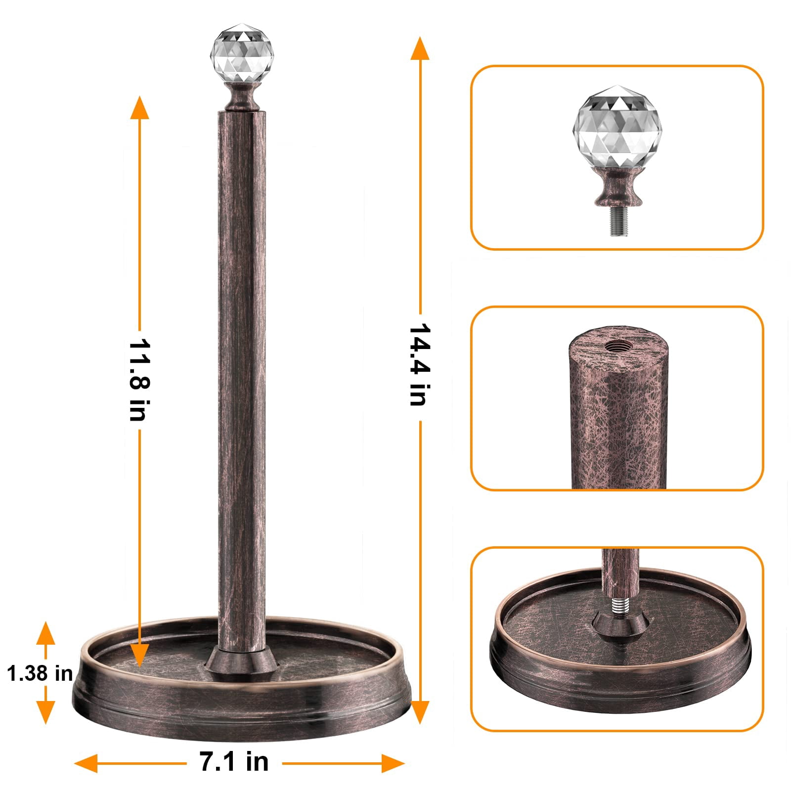 Paper Towel Holder (with Crystal Ball) Steel Countertop Stand For Kitchen Countertops  Bars & Dining Tables Fits Standard Rolls Oil Rubbed Bronze