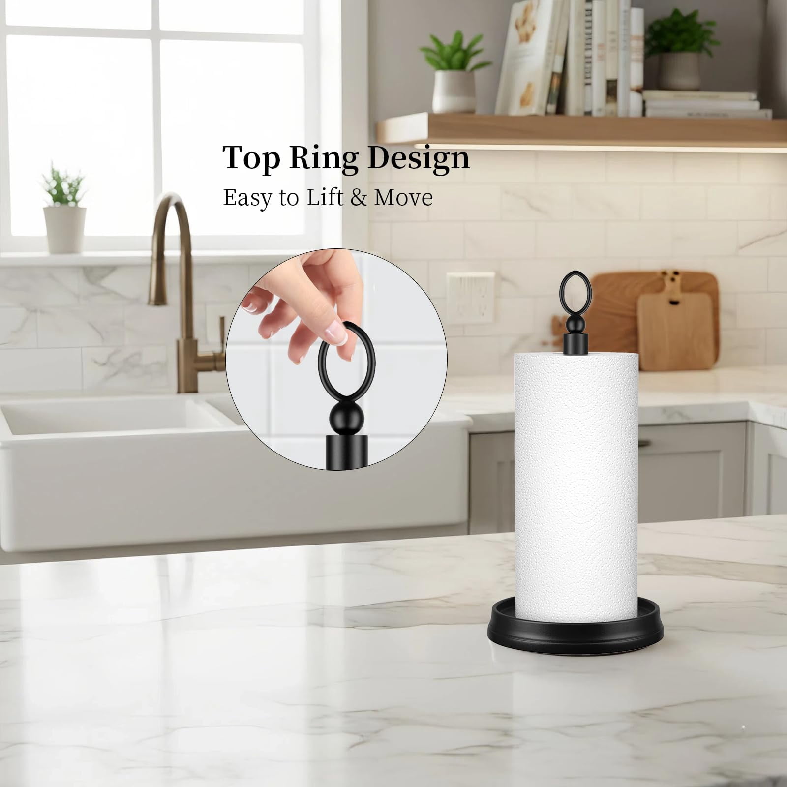 Paper Towel Holder (with Heavy Weighted Base) Steel Countertop Black For Kitchen Countertops  Bars & Dining Tables Fits Standard Rolls Matte