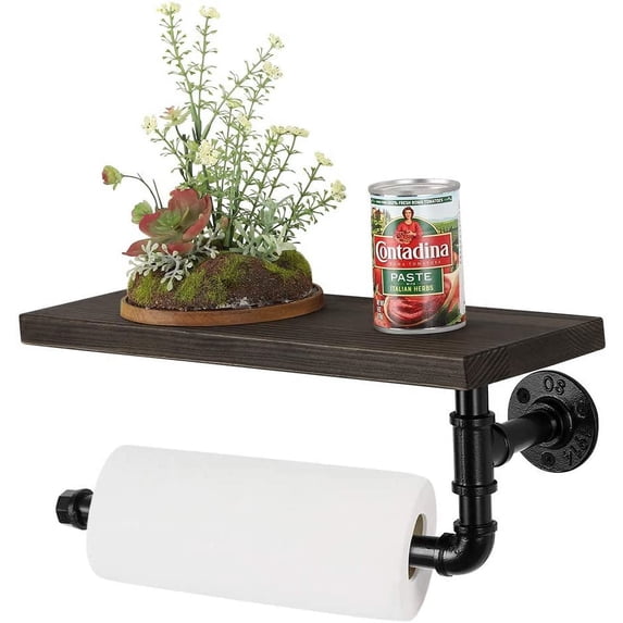Paper Towel Holder with Shelf, Wall-Mounted Toilet Paper Holder Industrial Pipe Vintage Farmhouse Towel Dispenser, Black