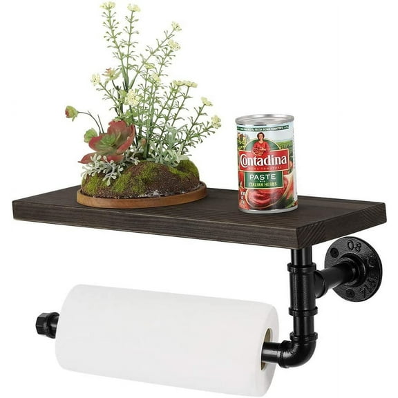 Paper Towel Holder with Shelf, Wall-Mounted Toilet Paper Holder Industrial Pipe Vintage Farmhouse Towel Dispenser, Black