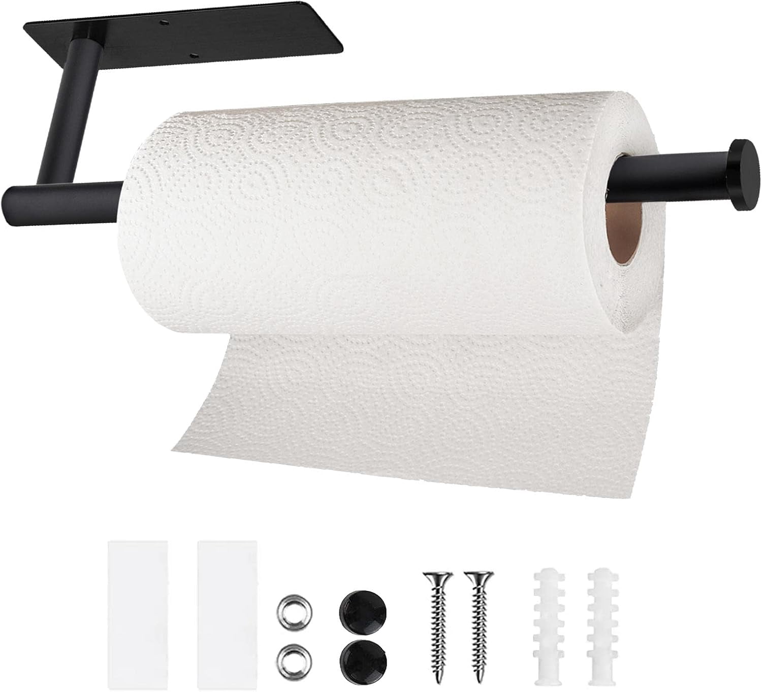 Paper Towel Holders for Kitchen- Under Cabinet Holder Roll Back Bathroom Towel, Wall Mounted Black Rack 304 Stainless Steel, Adhesive or Drilling Mounting