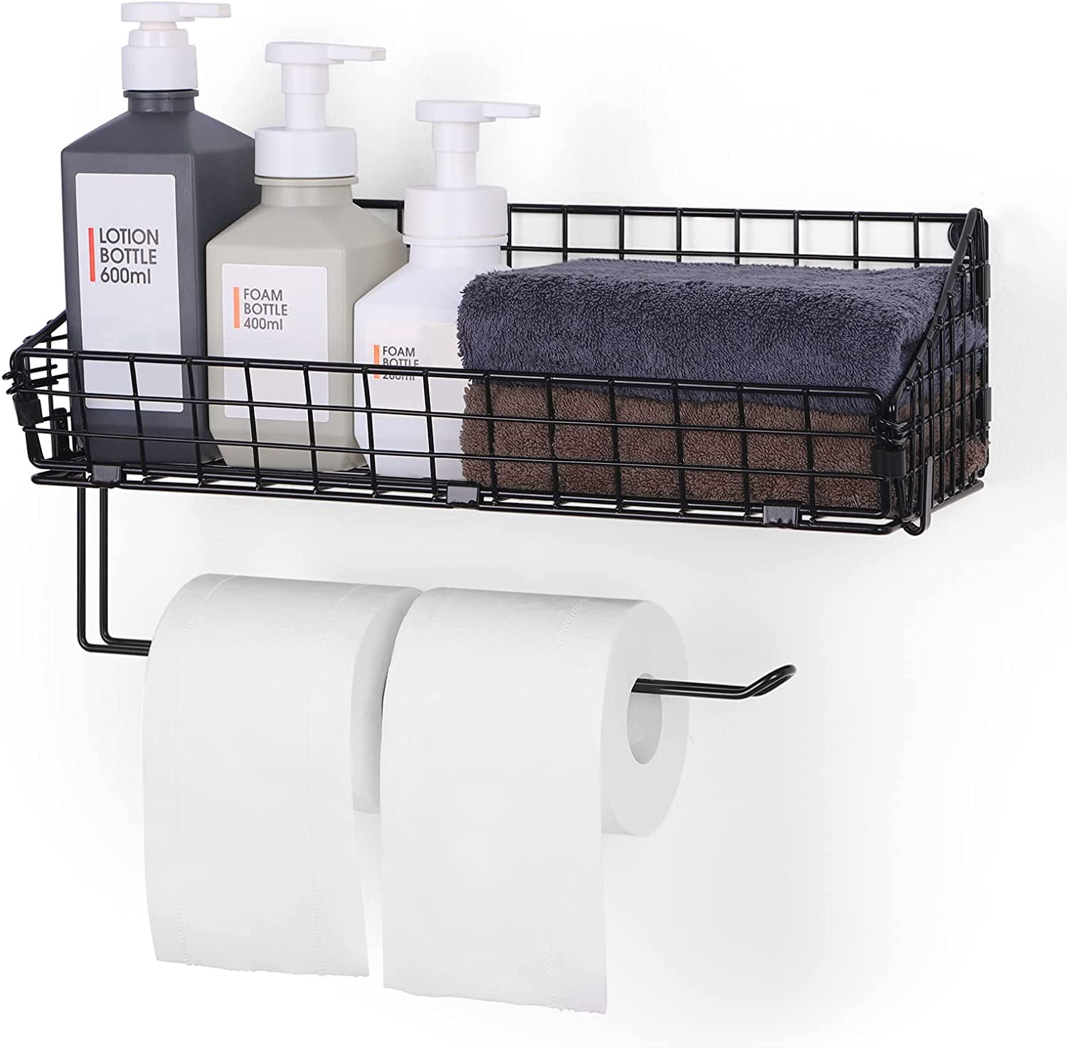 Wall-Mounted Black Paper Towel Holder with Shelf