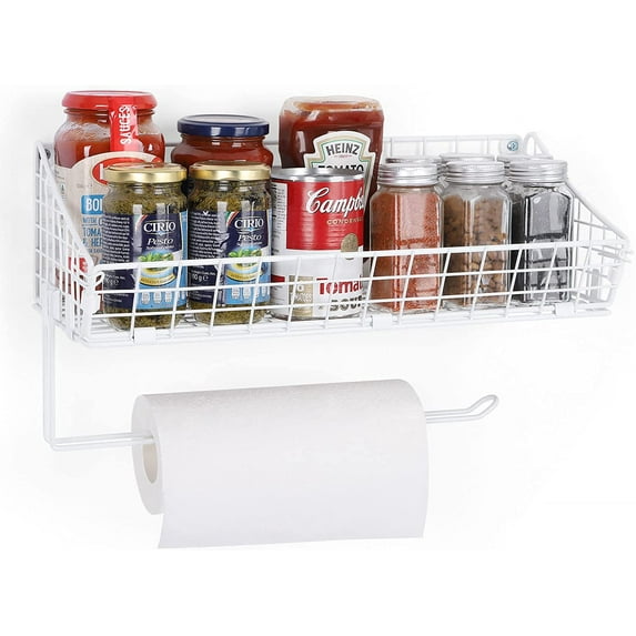 Paper Towel Rack Wall-Mounted Wire Storage Basket Condiment Rack Storage Organizer White