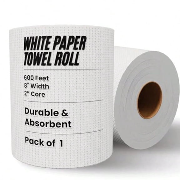 Paper Towel Roll 600' x 1 Roll Long Paper Towel 8" Wide Hand Towel Roll 1 Ply Universal Dispenser 2" Core High Absorbency Everyday Use For Commercial Washroom White