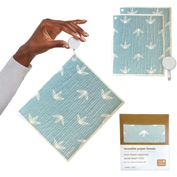 Paper Towels, Swedish Dishcloths with Hook, Non-Scratch Paper Towel, 1 Sheet Replaces 17 Rolls - 2 Sheets, 1 Hook