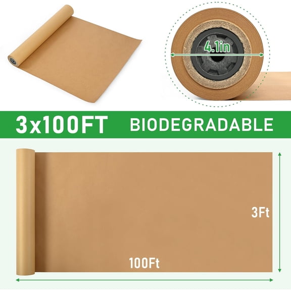 Paper Weed Barrier, 3 x 100 Ft Garden Kraft Paper Landscape Fabric for Weed Control, Landscape Cardboard Roll for Gardening, Lawns & Post Emergent Weed Control