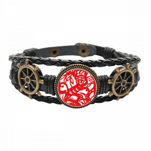 Paper-cut Monkey Animal China Zodiac Leather Braided Ocean Bracelet Wristband