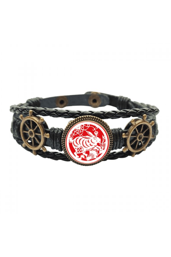 Paper-cut Rabbits Animal China Zodiac Art Leather Braided Ocean Bracelet Wristband