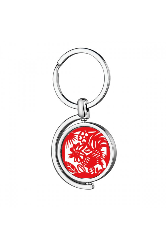 Paper-cut Rooster Animal China Zodiac Rotating Keychain Metal Keyring Holder