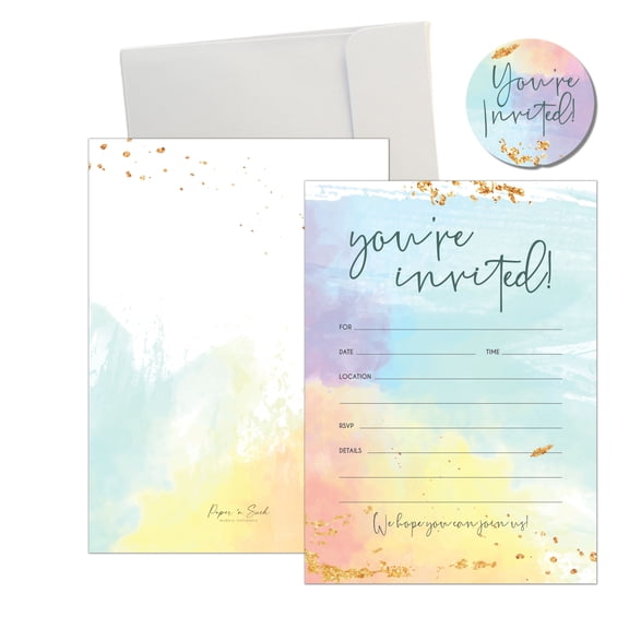 Paper 'n Such 25 Pack Watercolor Party Invitations with Envelopes and Stickers for Birthday, Baby or Bridal Shower, Fill in Style
