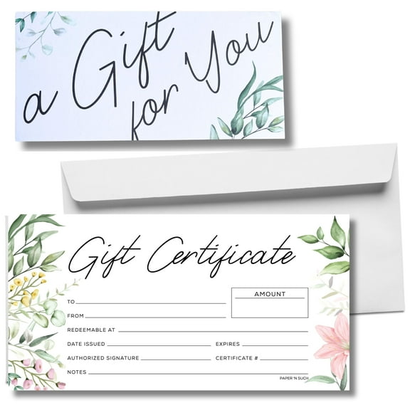Paper 'n Such Set of 25 Blank Gift Certificates with Envelopes - Floral - Gift Card, for Personal or Small Business - 3.75 x 7.5