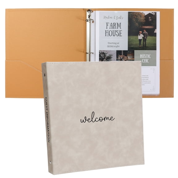 Paper 'n Such Welcome Binder for Short Term Rentals - Grey Faux Leather 3 Ring Binder for Welcome Guides for Airbnbs