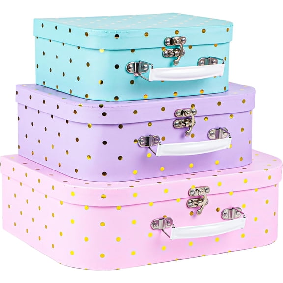 Paperboard Suitcases, Set of 3 Decorative Storage Boxes Gift Boxes With Lids for Photo Storage Home Decoration, Birthday, Weddings, Anniversary - Mini Cardboard Suitcase - Gold Foil Polka Dots