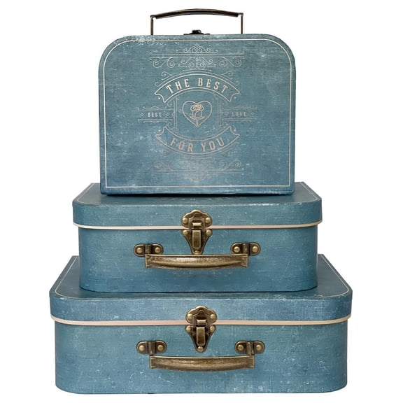Paperboard Suitcases, Vintage Decorative Box Set of 3 Storage Boxes with Lids, Cardboard SuitcaseS, Memento Box Keepsake Box Photo Storage Box Hat Boxes Home Decoration, Vintage Suitcases (Blue)