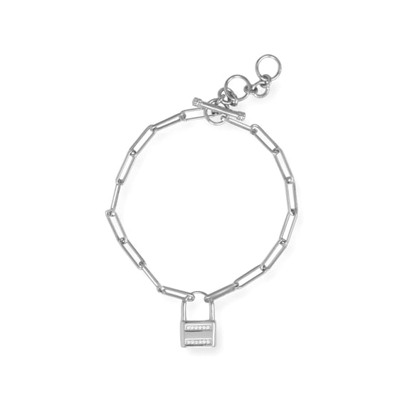 Paperclip Bracelet with Cubic Zirconia Lock Charm Toggle Clasp
