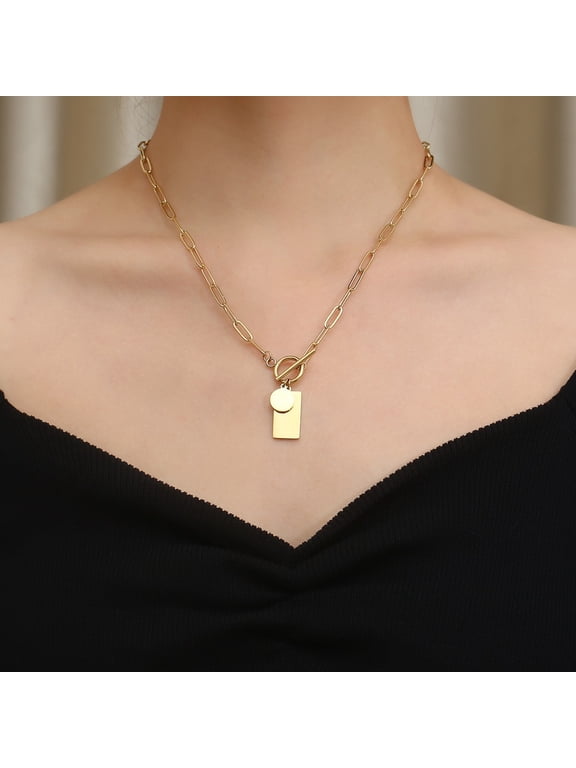 Paperclip Chain Toggle Clasp Pendant Necklace for Men Women, 14K Gold Filled Minimalist Modern Fashion Jewelry