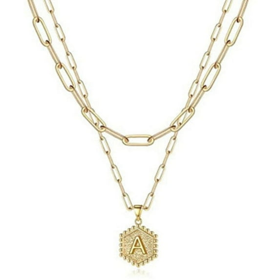 Paperclip Hexagon Alphabet 2-in-1 Layer Pendant Necklaces | 18K Gold Chain a-z Monogram Necklace | RJ Designs