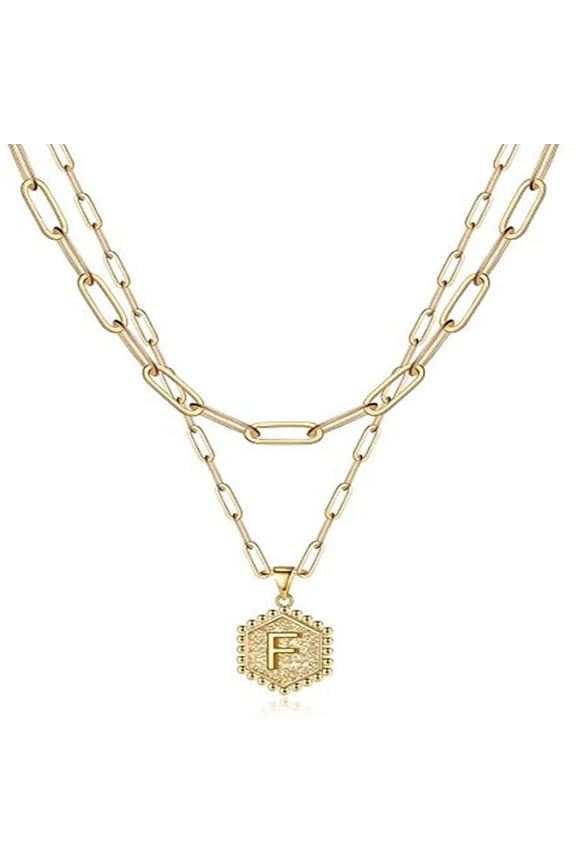 Paperclip Hexagon Alphabet 2-in-1 Layer Pendant Necklaces | 18K Gold Chain a-z Monogram Necklace | RJ Designs