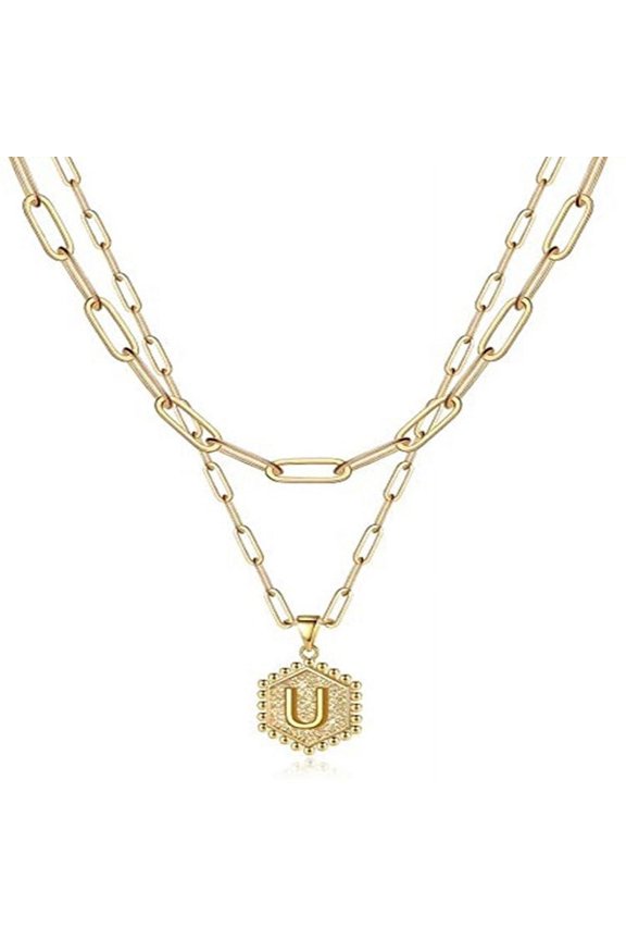 Paperclip Hexagon Alphabet 2-in-1 Layer Pendant Necklaces | 18K Gold Chain a-z Monogram Necklace | RJ Designs
