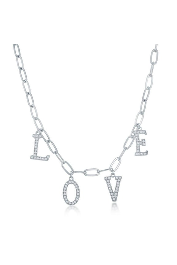 Paperclip Link Design Dangling Love with Simulated Diamond CZ 16+2” Necklace Silver/14k Gold Plated Sterling Silver Jewelry for Women or Teens-Silver