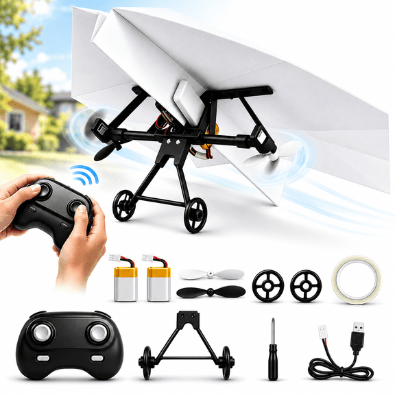 Paperflight RC Paper Airplane Kit, RC Paper Airplane Kit with Gyro Stabilizer, DIY Remote Control Paper Plane Motor Kit with Dual Propellers, Foldable Lightweight Flying Project for Beginners